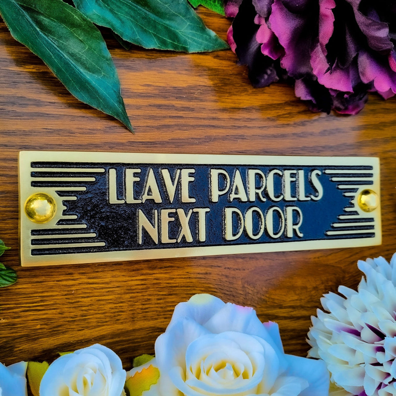 Art Deco 'Leave Parcels Next Door' Door Sign - The Metal Foundry