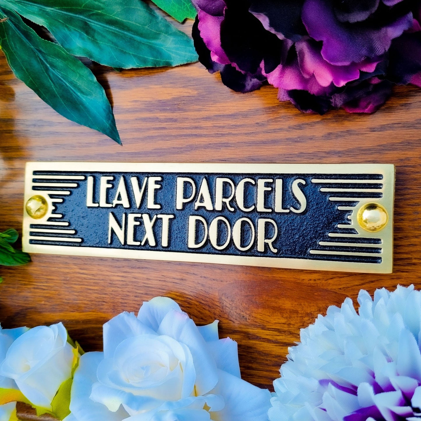 Art Deco 'Leave Parcels Next Door' Door Sign - The Metal Foundry
