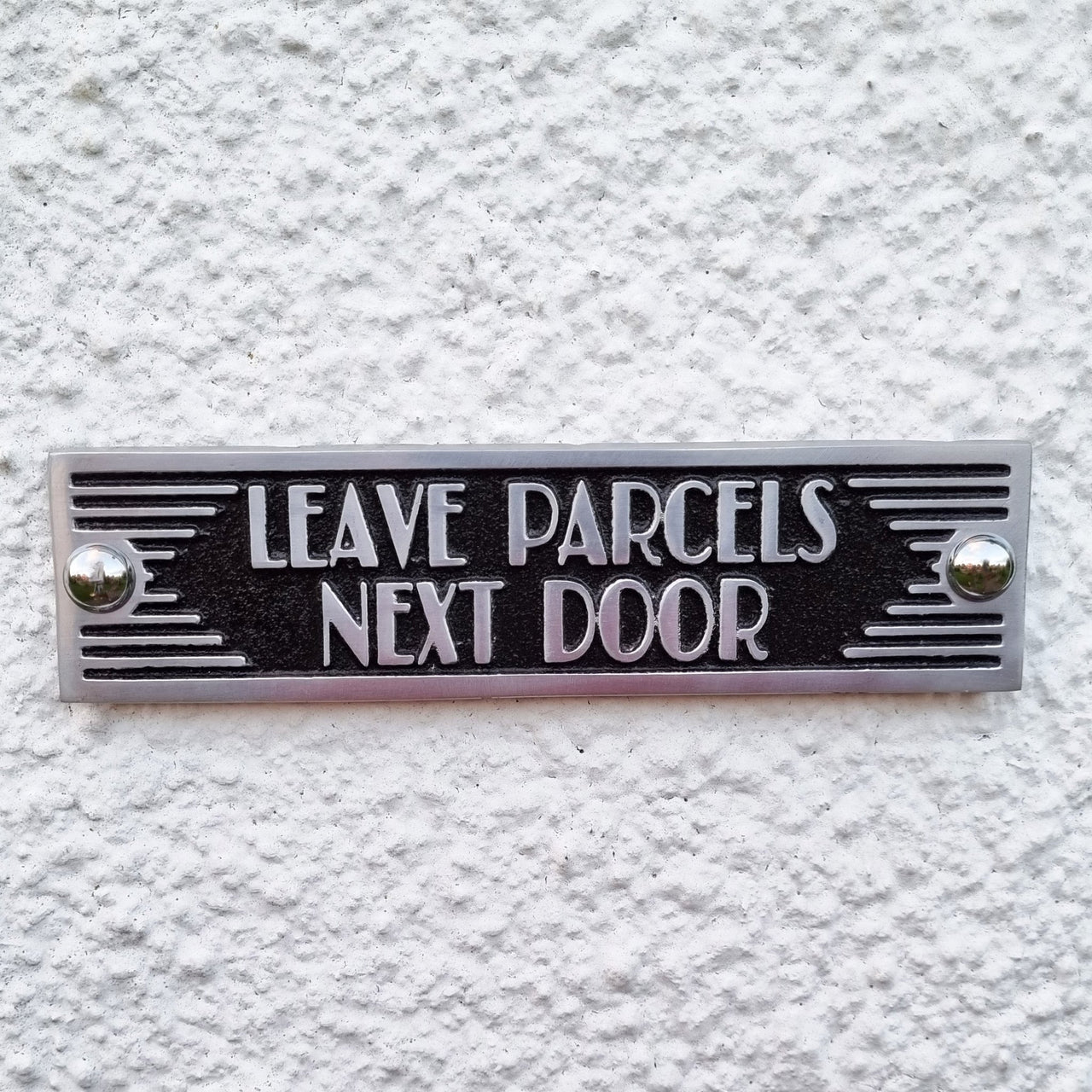 Art Deco 'Leave Parcels Next Door' Door Sign - The Metal Foundry