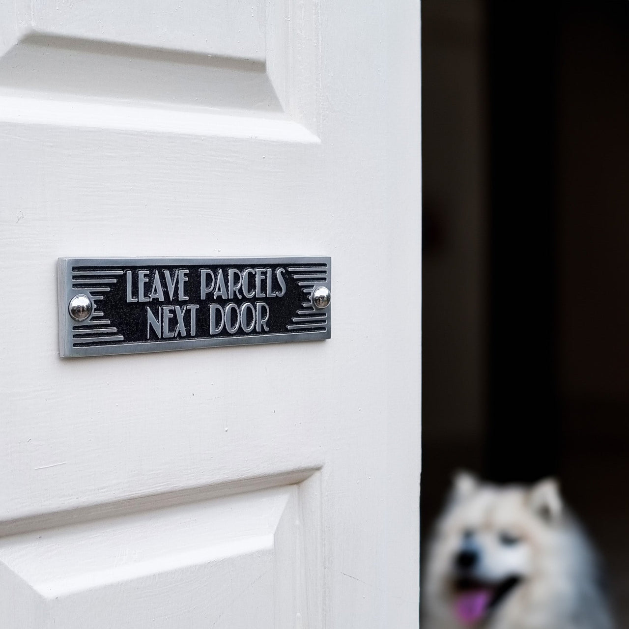 Art Deco 'Leave Parcels Next Door' Door Sign - The Metal Foundry