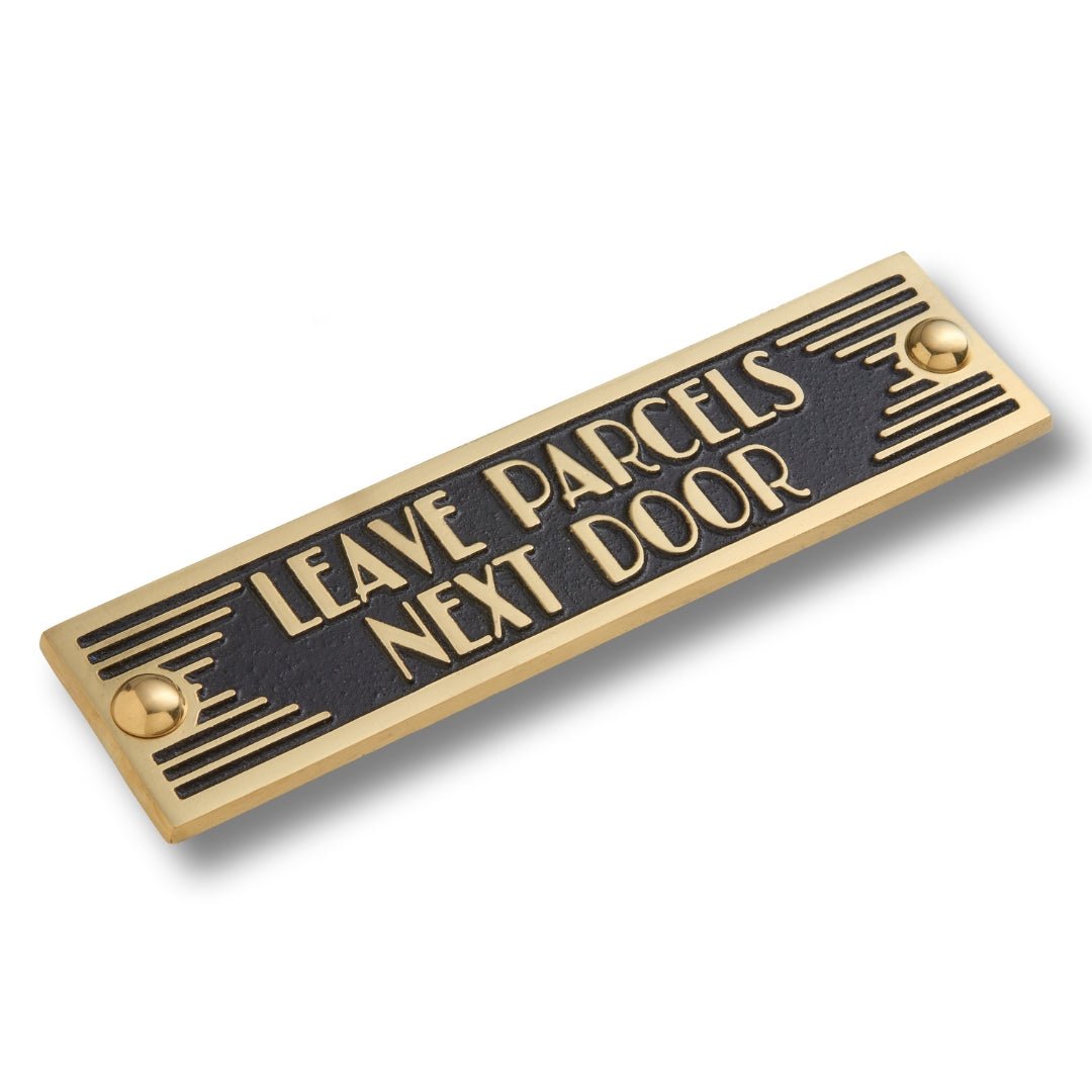 Art Deco 'Leave Parcels Next Door' Door Sign - The Metal Foundry