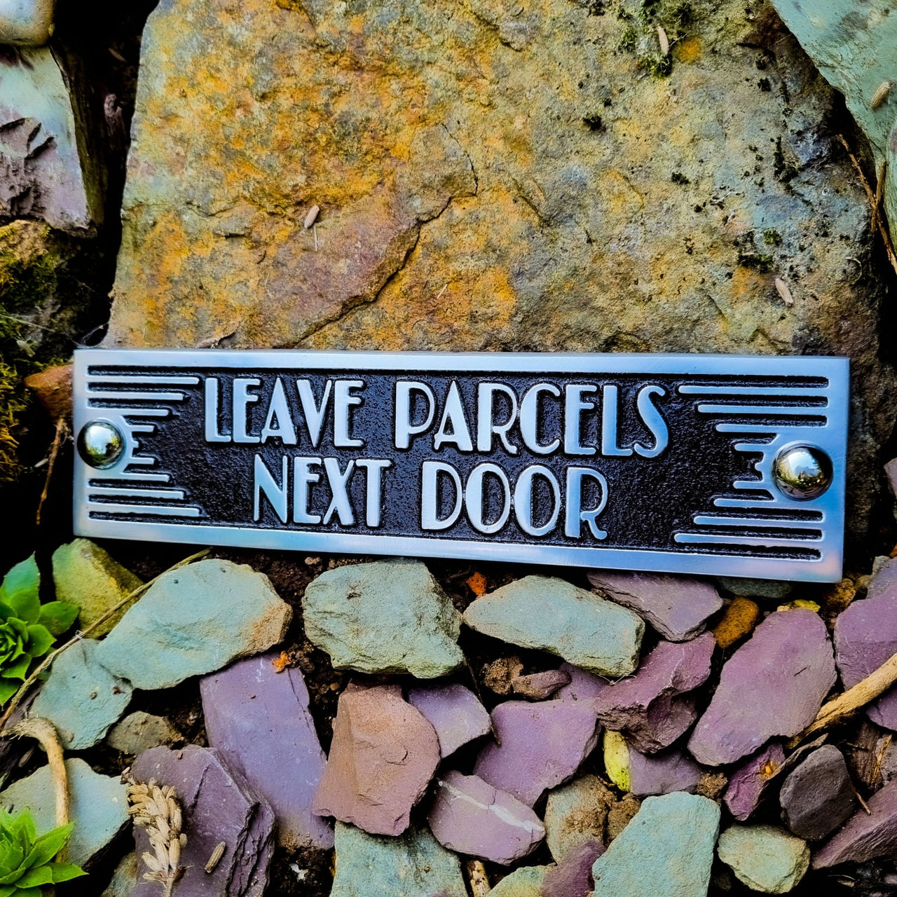 Art Deco 'Leave Parcels Next Door' Door Sign - The Metal Foundry