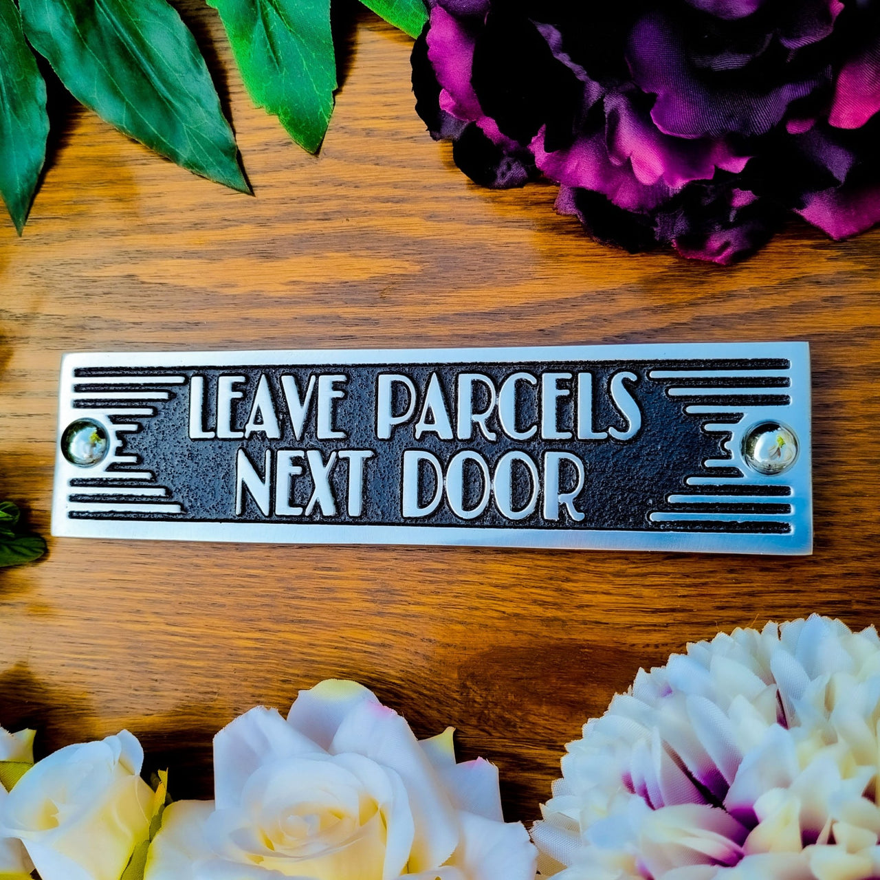 Art Deco 'Leave Parcels Next Door' Door Sign - The Metal Foundry
