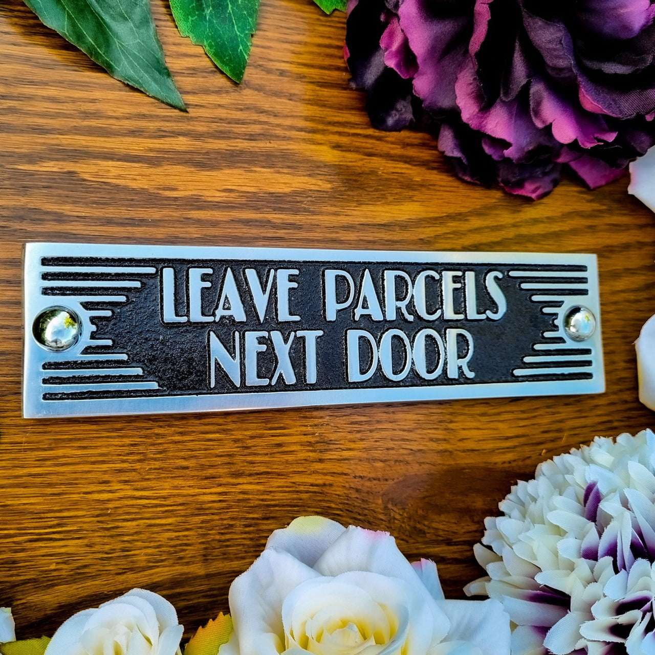 Art Deco 'Leave Parcels Next Door' Door Sign - The Metal Foundry