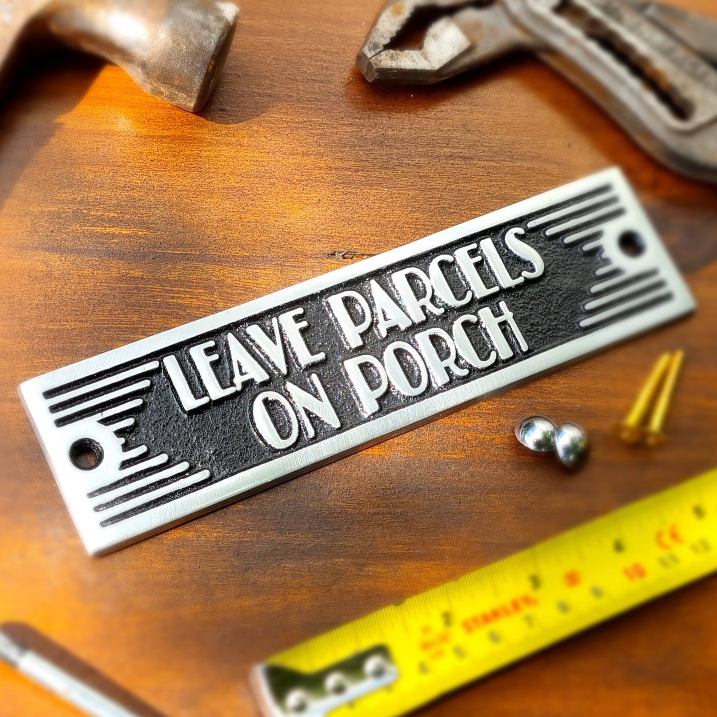 Art Deco 'Leave parcels on Porch' Door Sign - The Metal Foundry