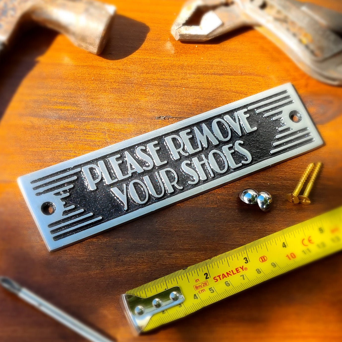 Art Deco 'Please Remove Your Shoes' Sign - The Metal Foundry